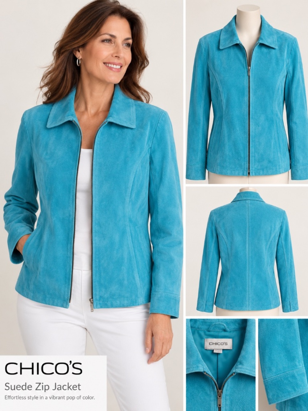 Chico's Turquoise Suede Zip-Front Jacket w/Collar and Side Pocket, Sz 3